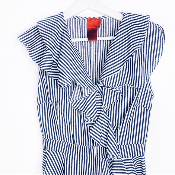 V Christina Blue White Sleeveless Peplum Shirt M - Picture 2 of 7